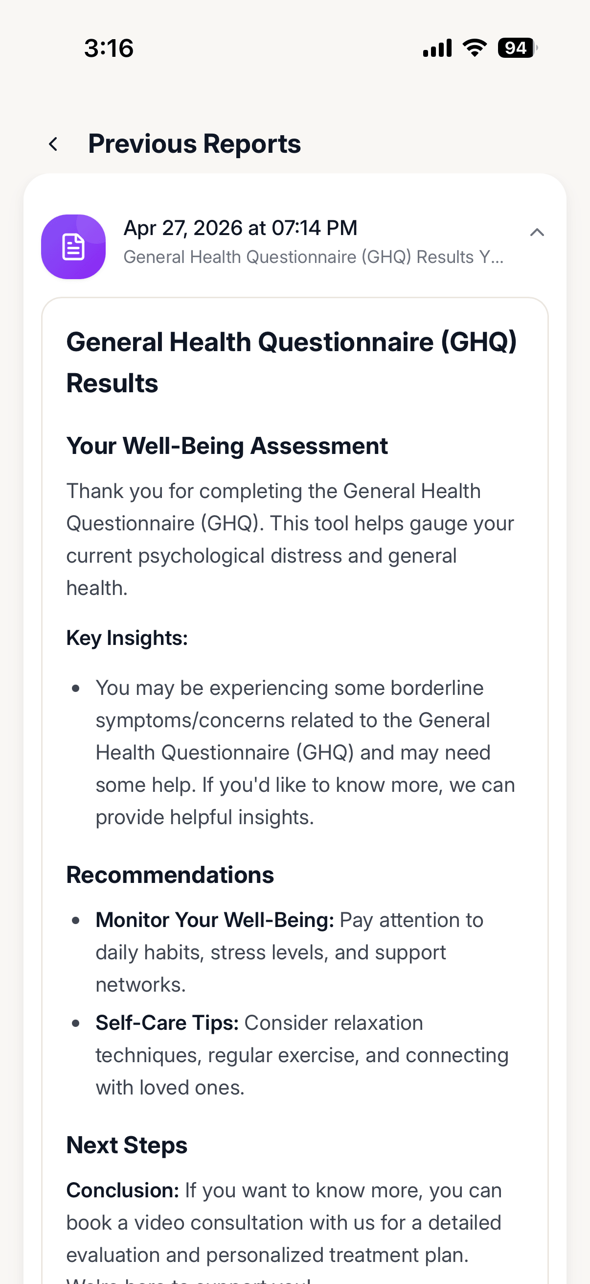 Clinical assessment report screen