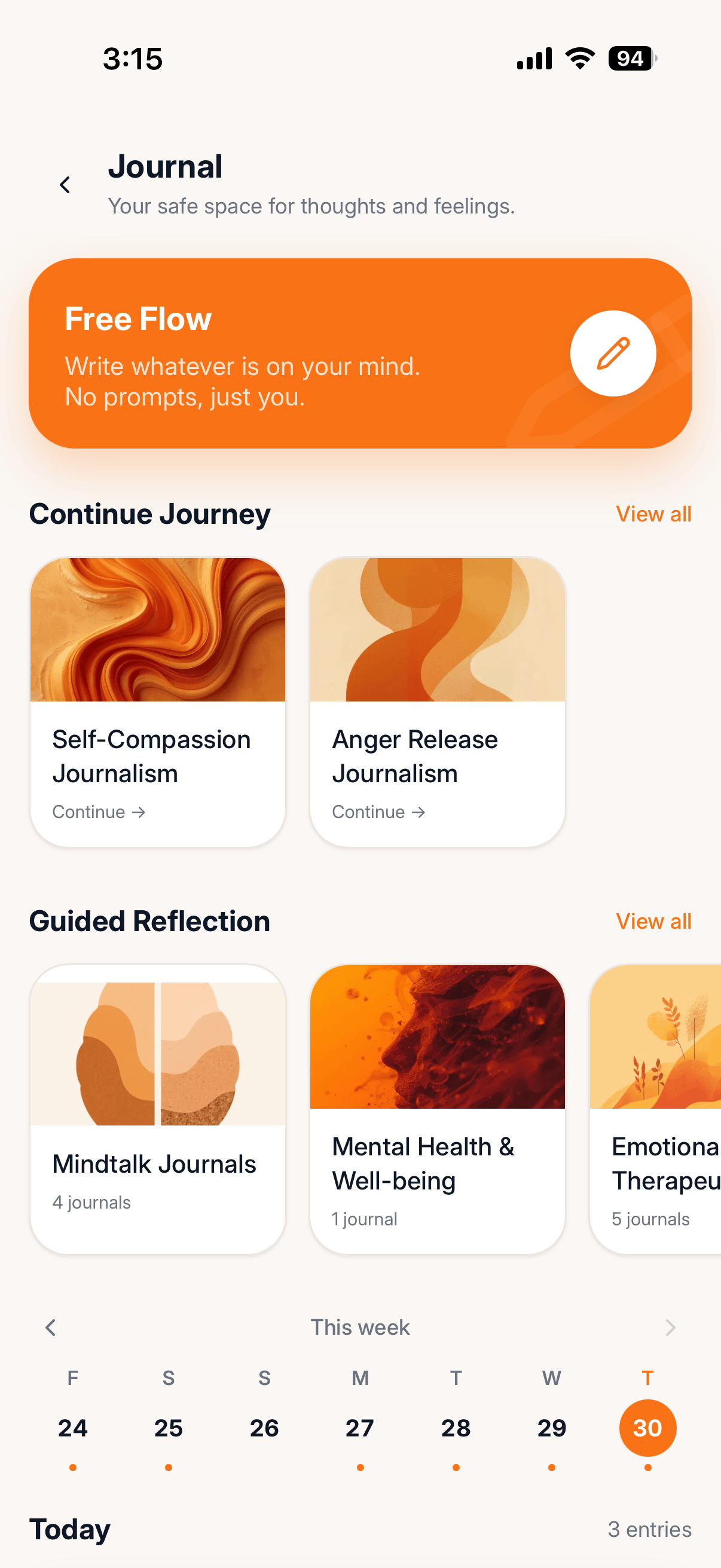 Journal screen with Free Flow and guided reflection