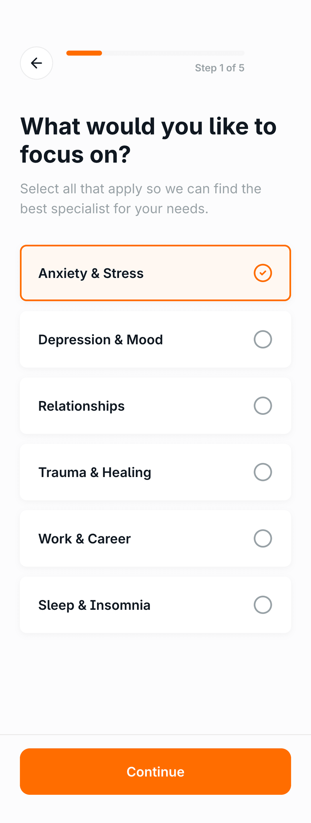 Therapist match intake screen